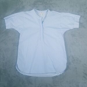 J Crew Collarless Popover Shirt Womens Size XS Blue Striped Button Front